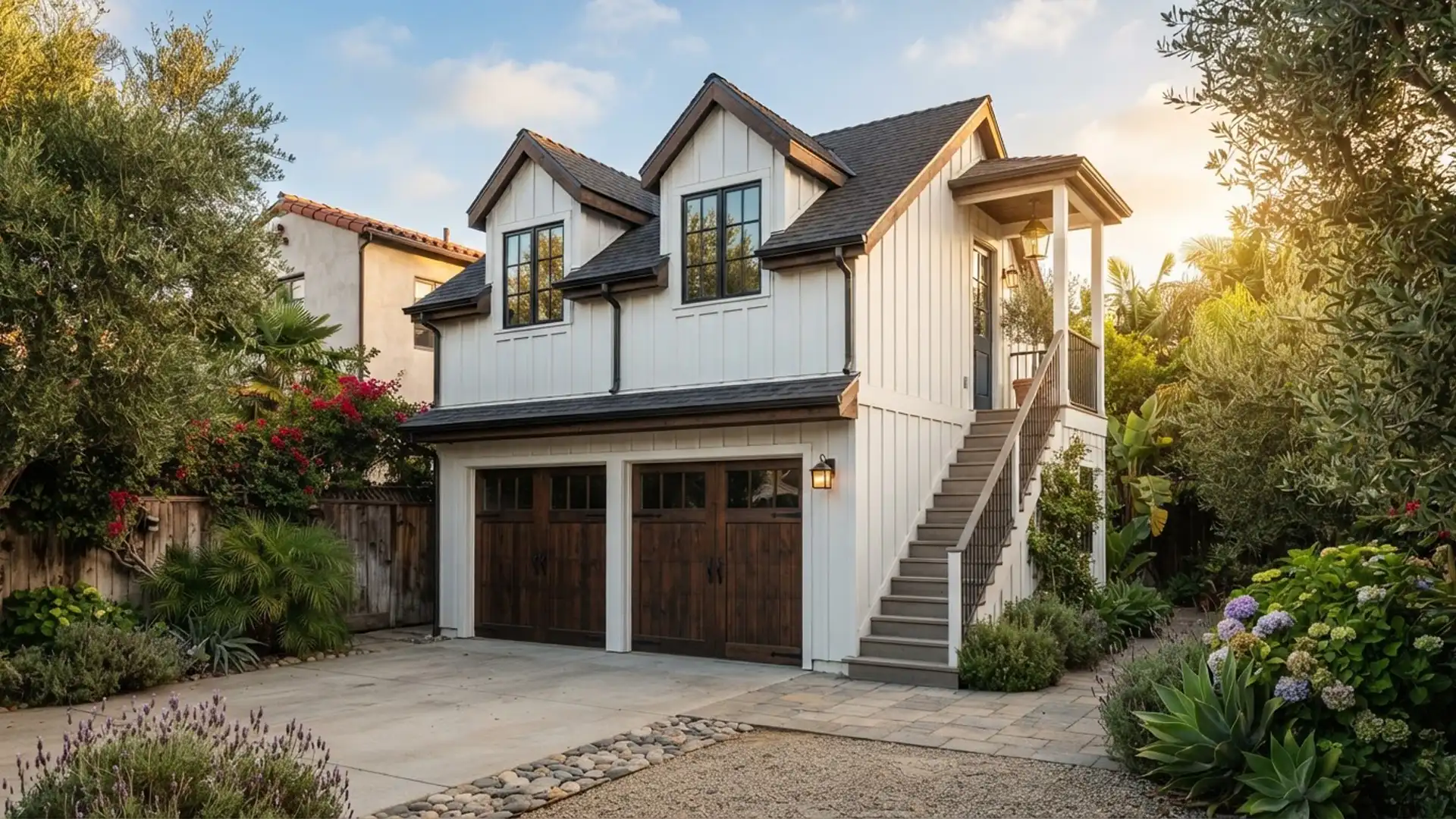 Exterior of a two-story carriage house style garage apartment with living space above the garage