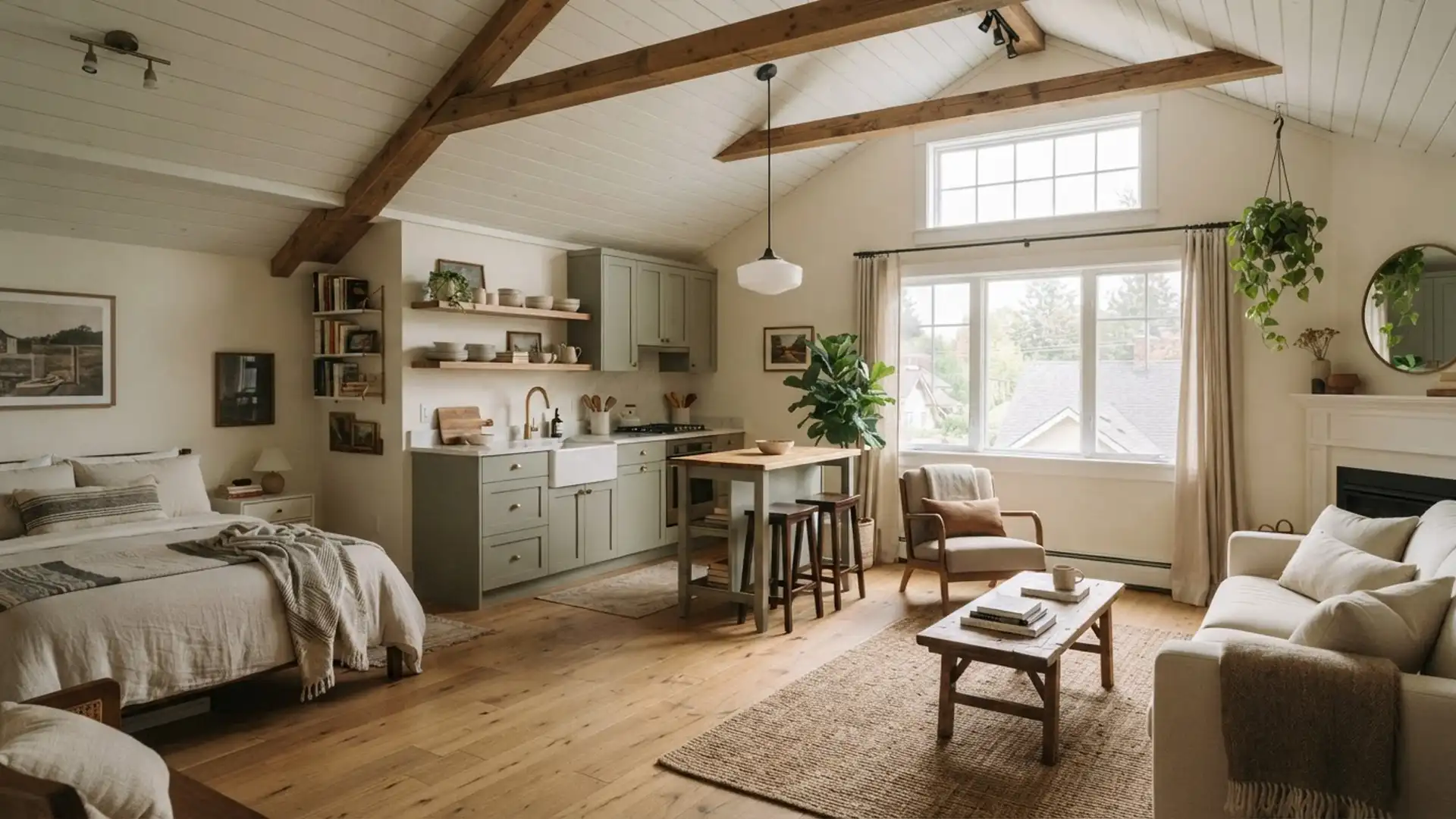 Open-concept studio apartment interior above a garage with vaulted ceiling and exposed wood beams