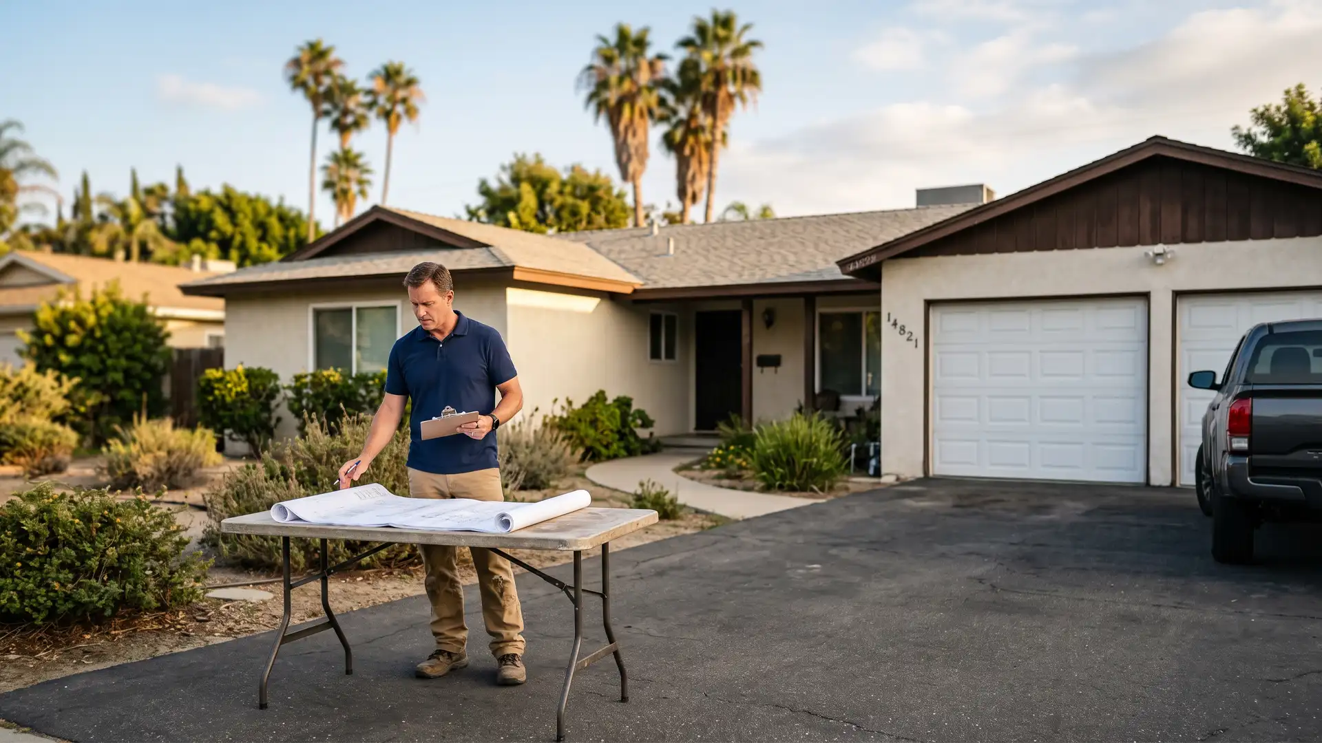 General contractor reviewing LADBS garage conversion permit blueprints in a Los Angeles driveway