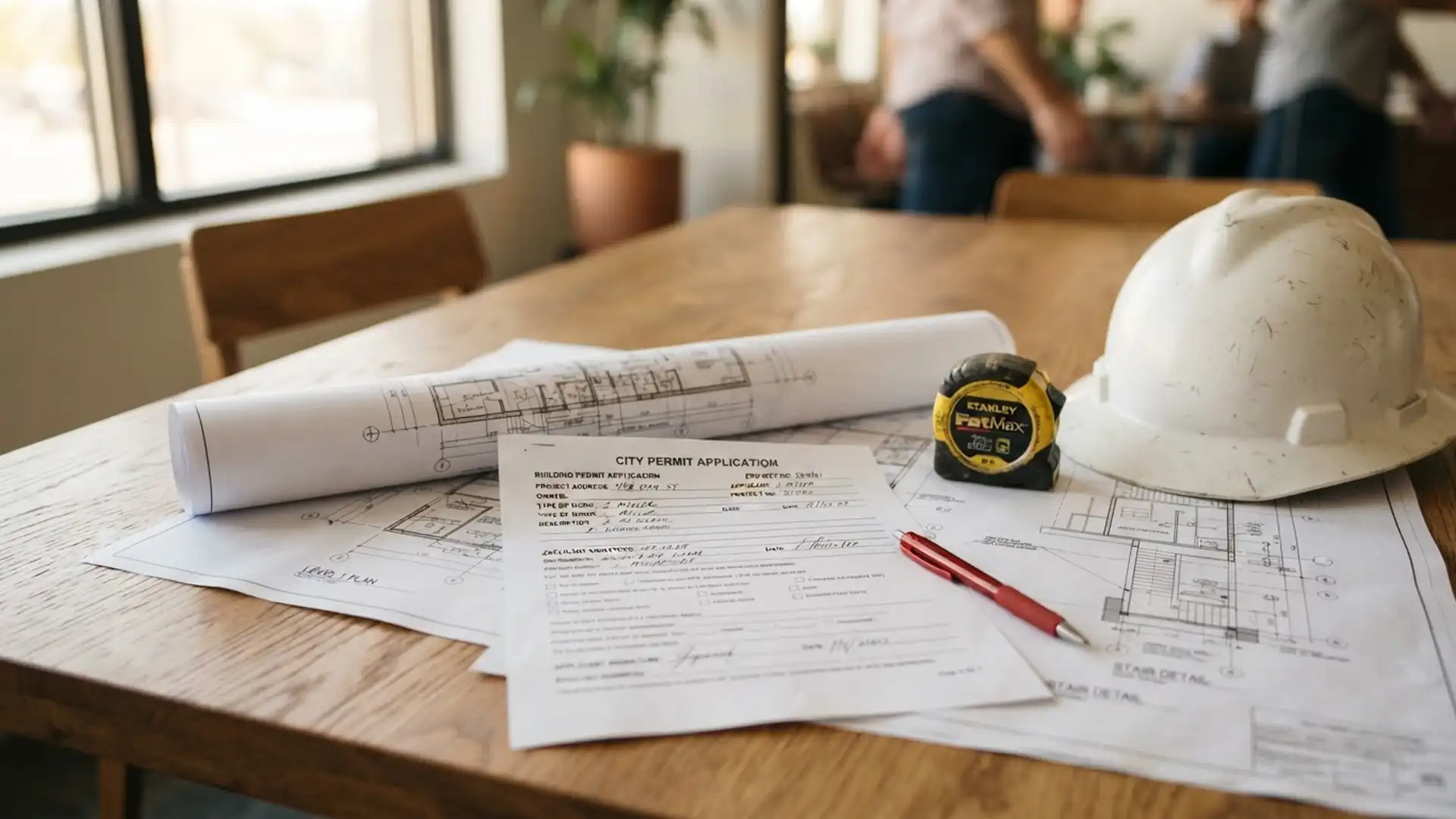 Close-up of architectural plans and a Los Angeles building permit application on a table