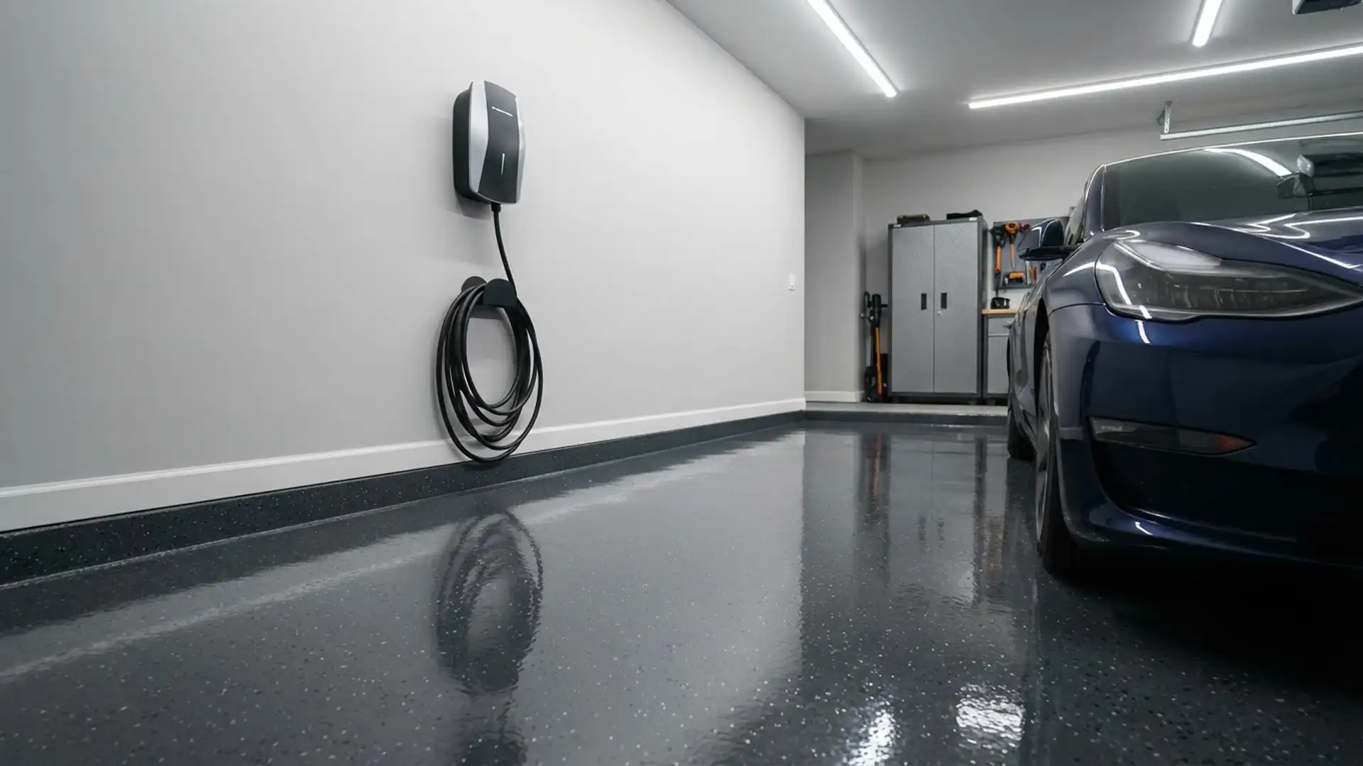 Close-up of a glossy epoxy garage floor with a wall-mounted EV charging station