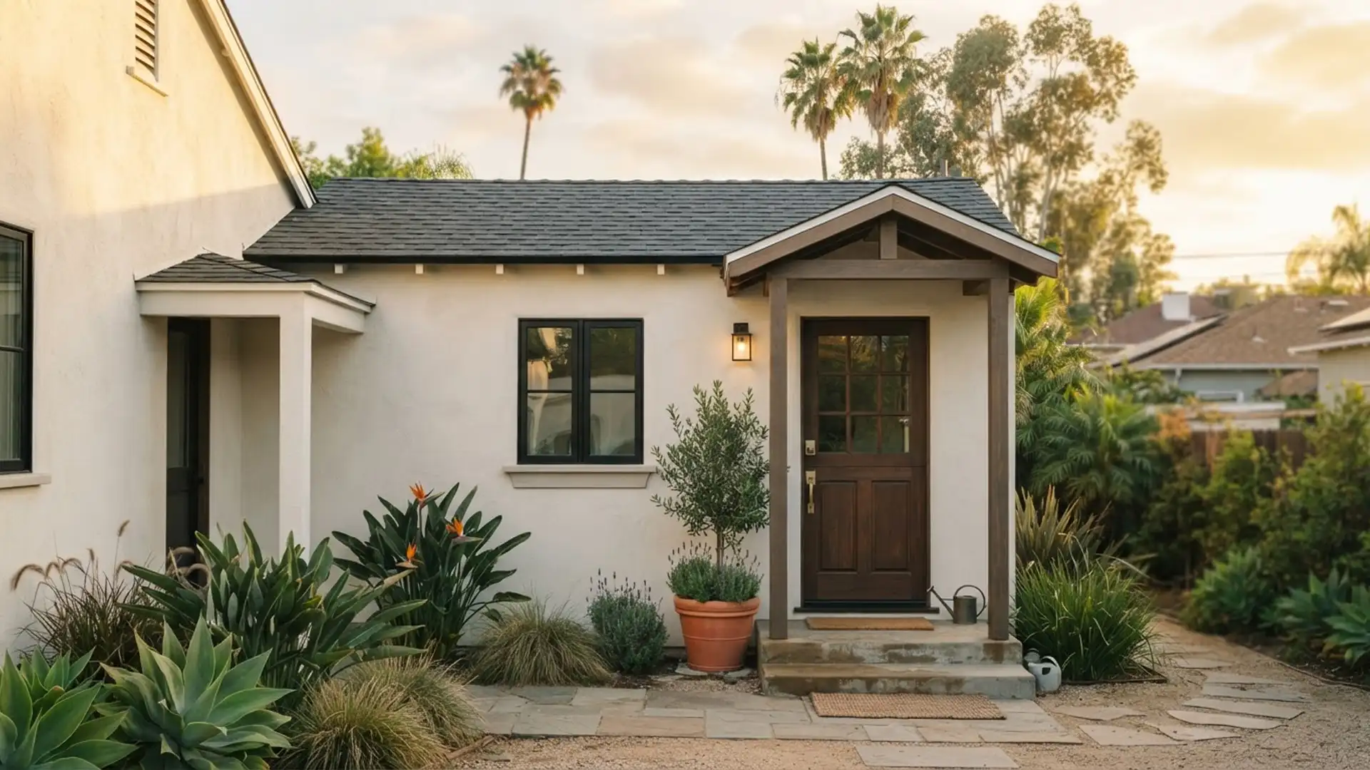 Exterior of a one-car garage converted into a Junior ADU with a new entry door in Los Angeles