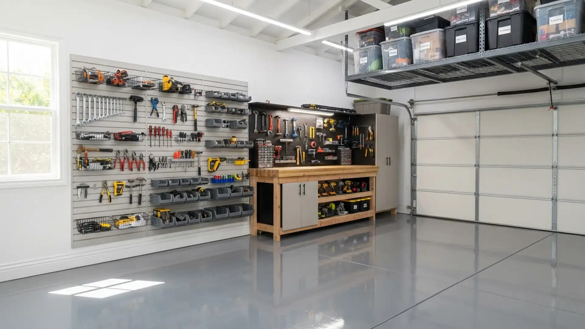 Remodeled two-car garage workshop with glossy epoxy flooring and slatwall storage system