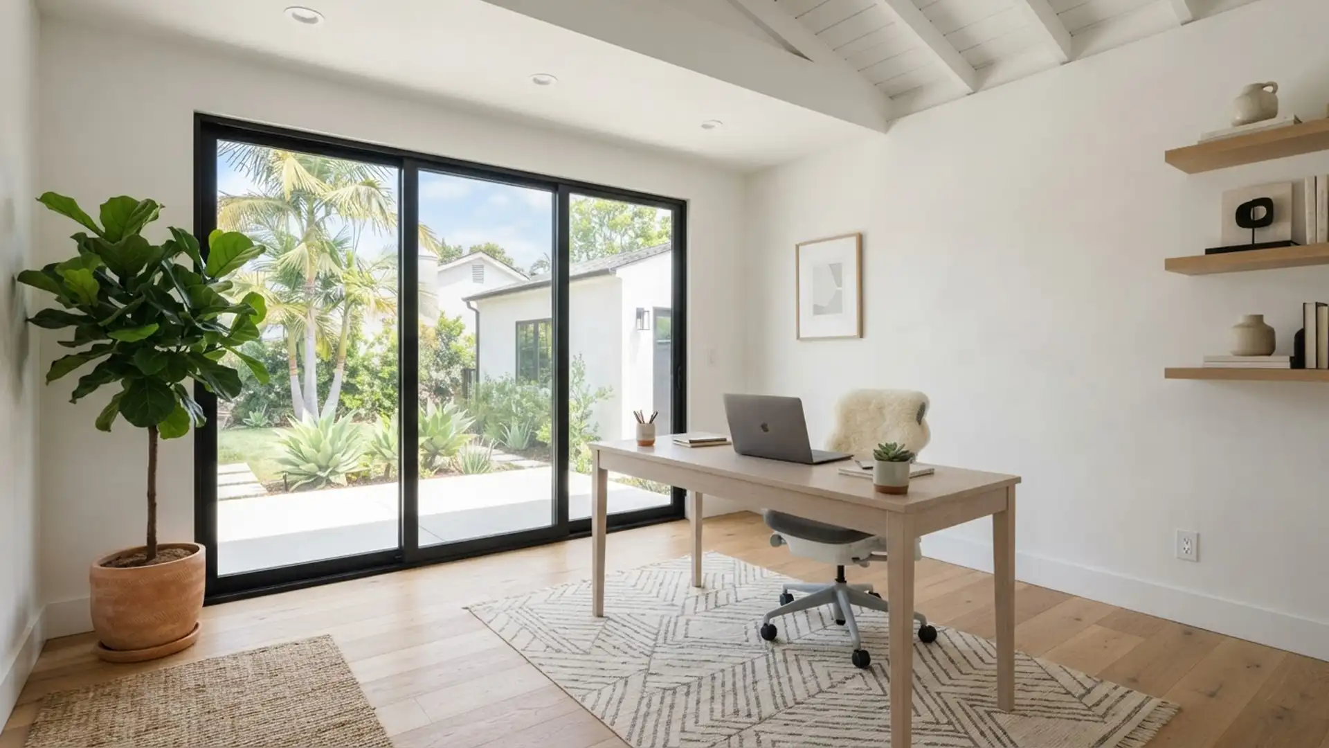Bright modern home office interior converted from a garage with glass sliding door and natural light