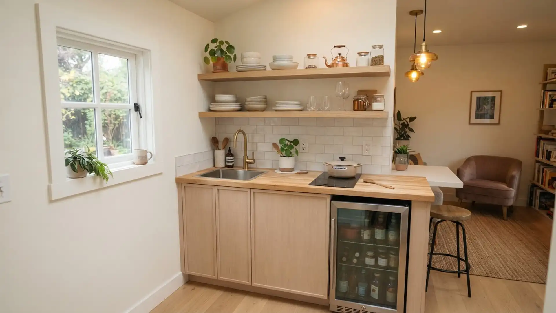 Compact efficiency kitchen with sink, cooktop, and mini fridge inside a Junior ADU garage conversion