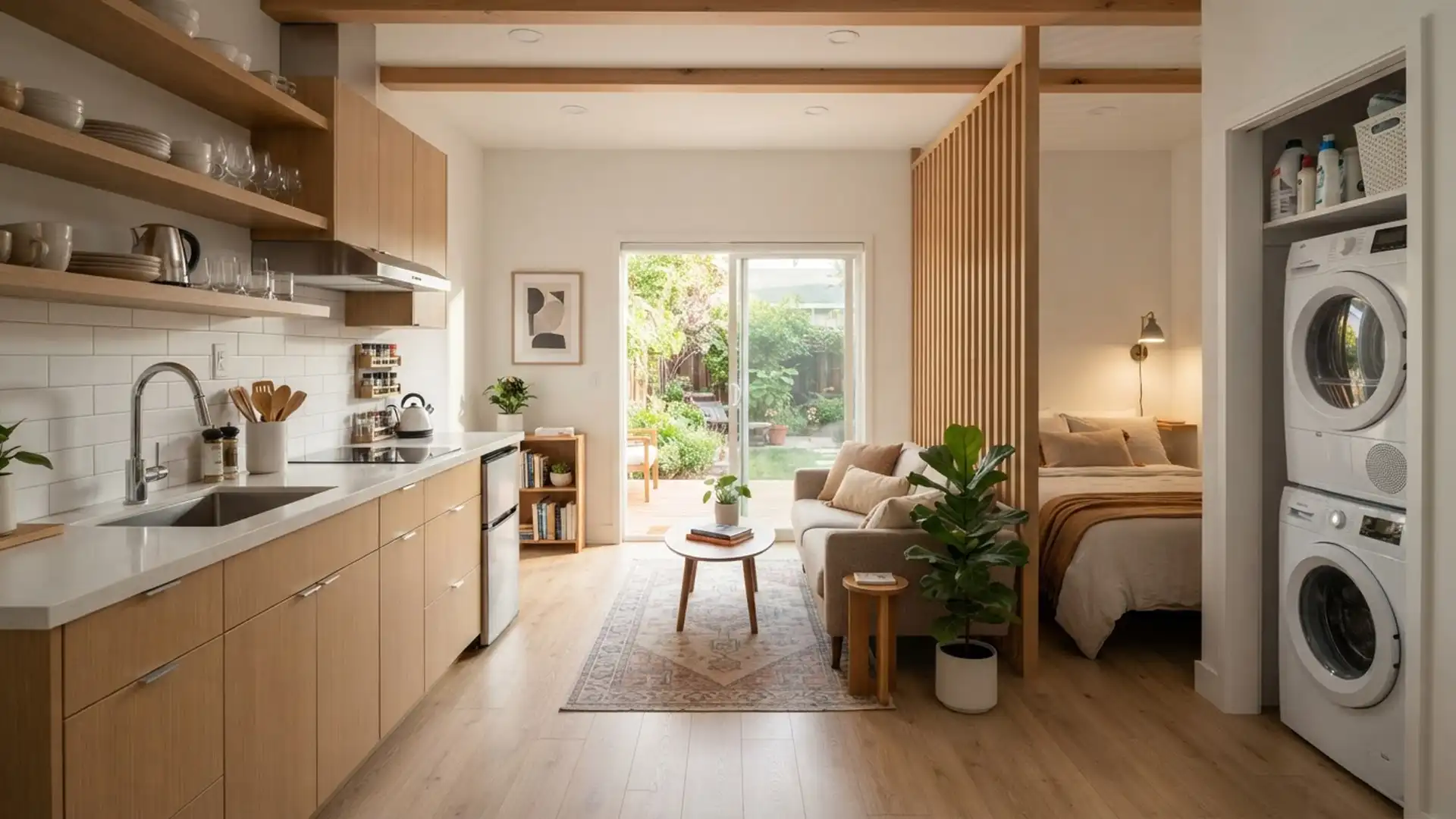 Interior of a compact studio ADU with kitchenette and sleeping nook converted from a single-car garage