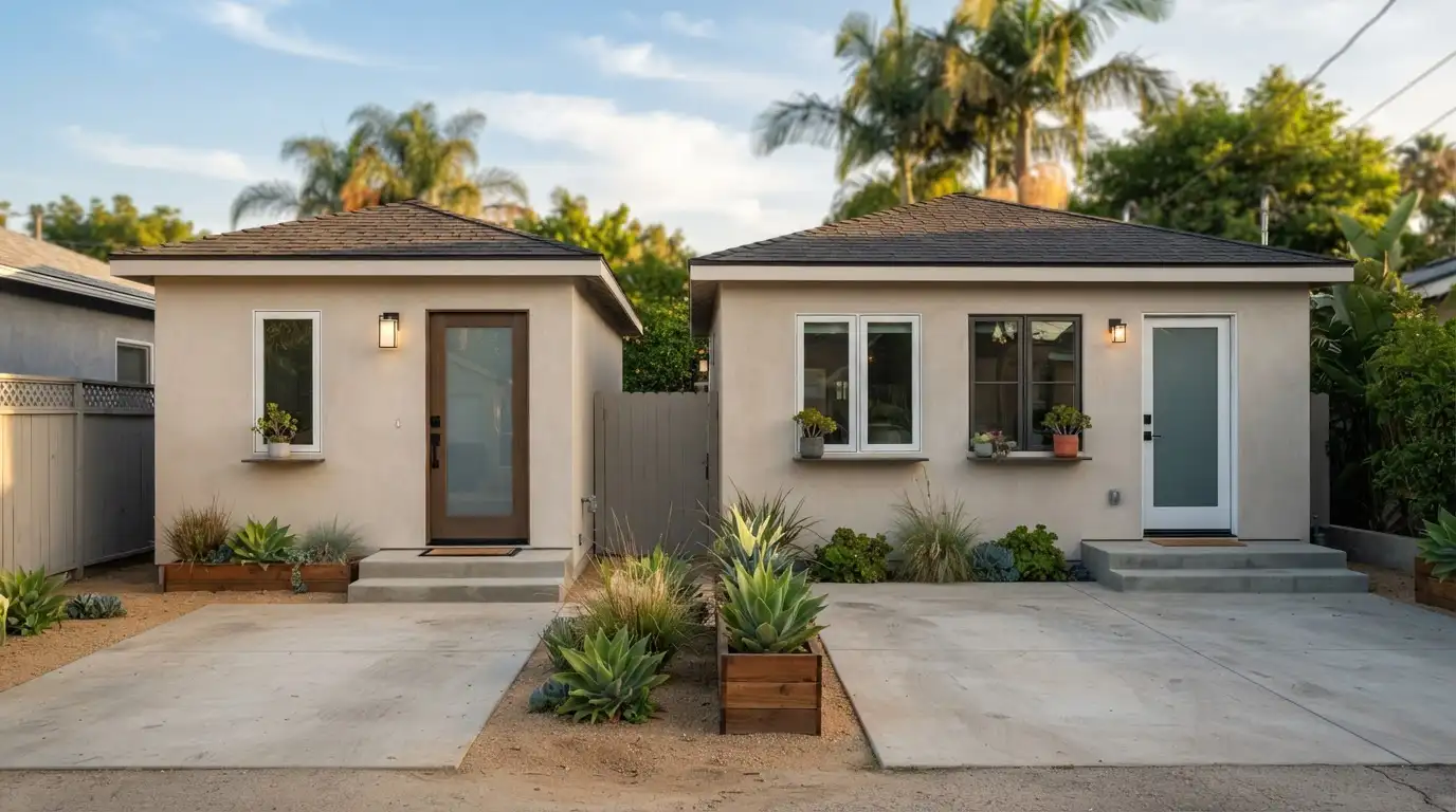 Side-by-side exterior comparison of a single-car and two-car garage ADU conversion in Los Angeles
